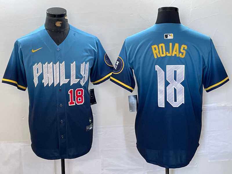 Men%27s Philadelphia Phillies #18 Johan Rojas Number Blue 2024 City Connect Limited Stitched Jersey